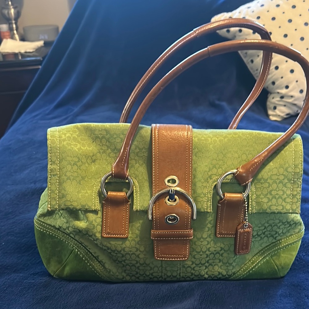 Coach Green and Brown Satchel with Silver Hardware